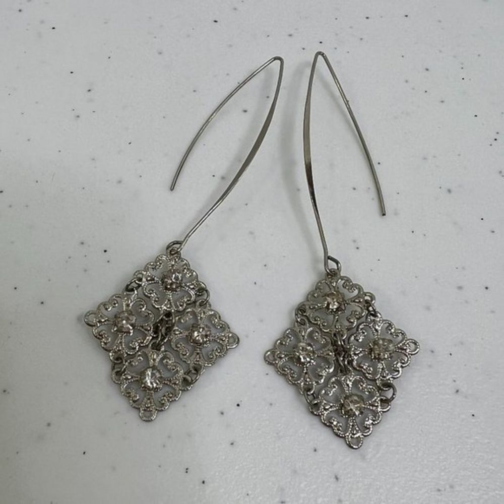Drop Earrings Silver Tone Rhinestone Swirl Textured Dangle Unique  Used, see pho